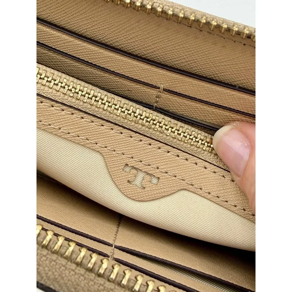 Tory Burch Zip Around Continental Wallet Tan Saffiano Leather Colorblock